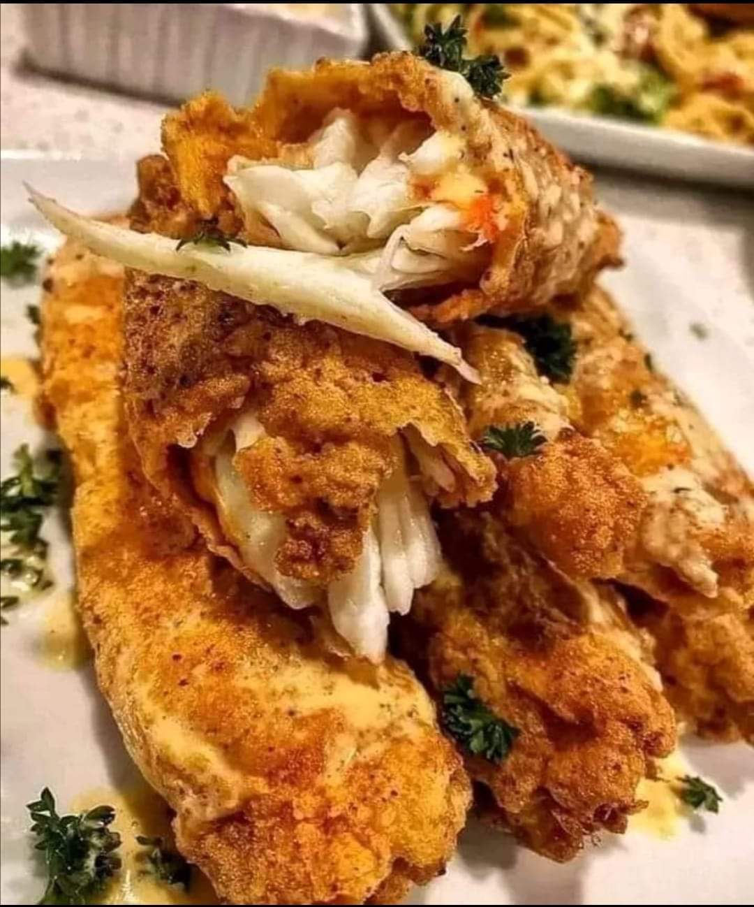 Fried king crab legs with garlic butter
