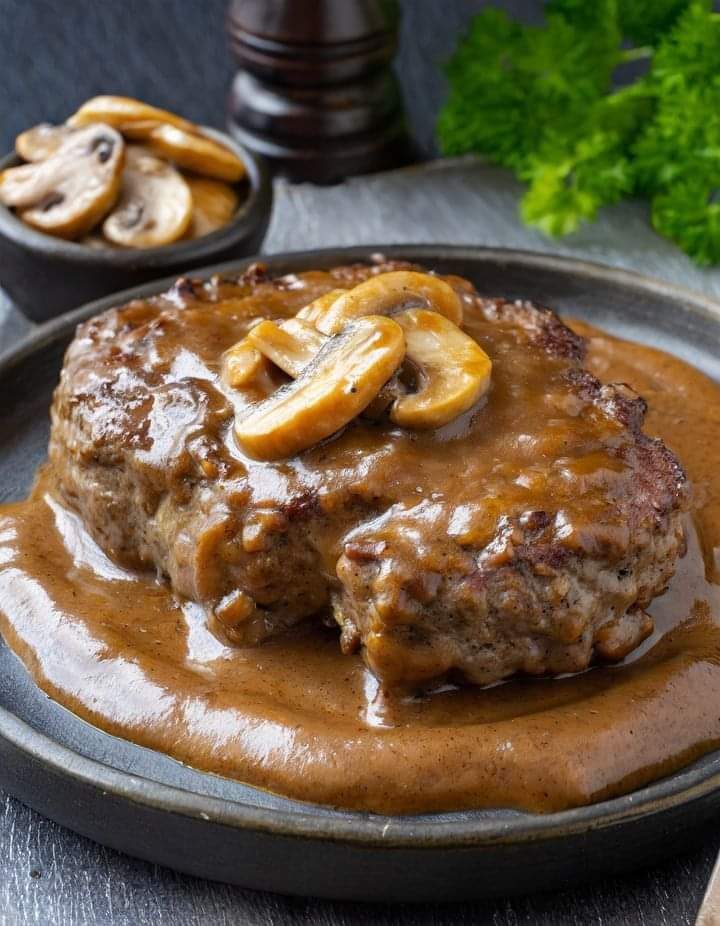 Salisbury Steak Garlic Mashed Potatoes Mushroom & Onion gravy