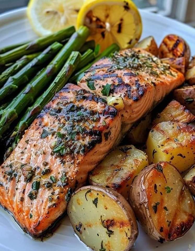 Grilled Salmon with Roasted Potatoes and Cheesy Asparagus