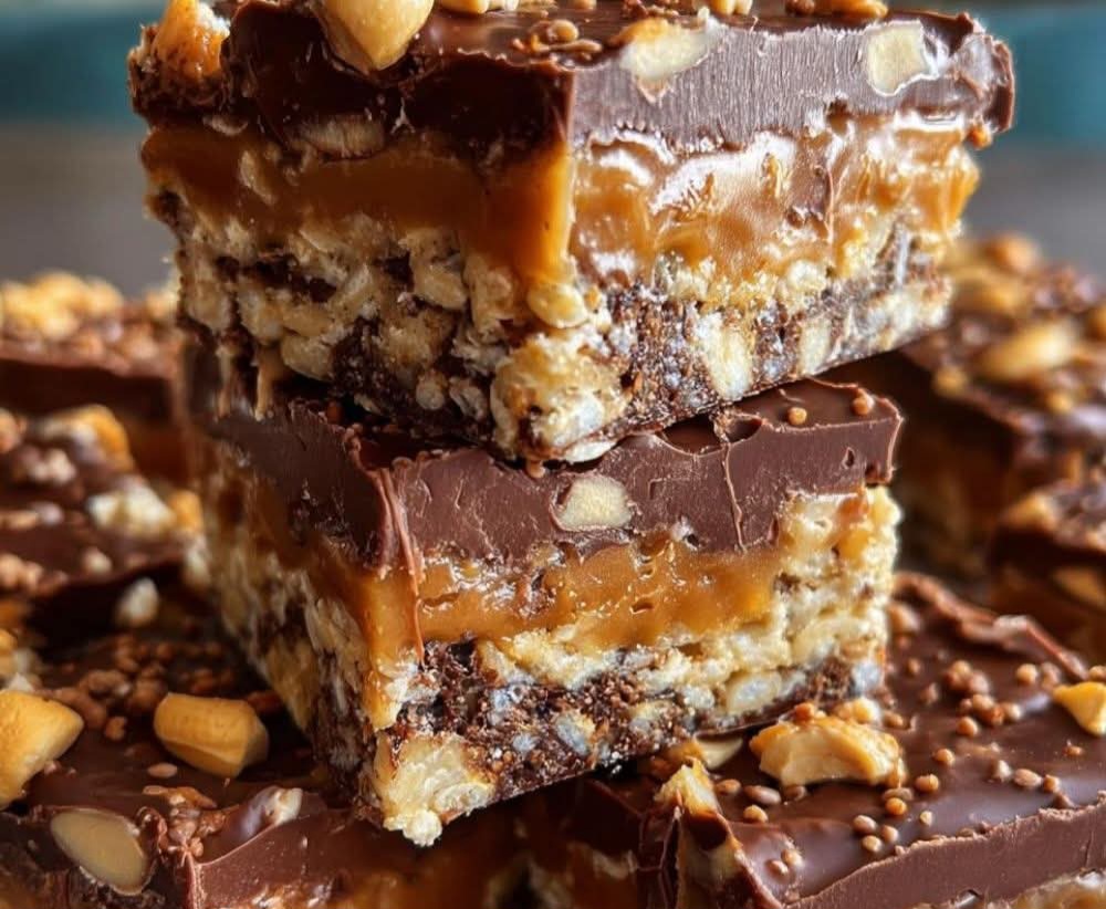 No Bake Crispy Snickers Bars