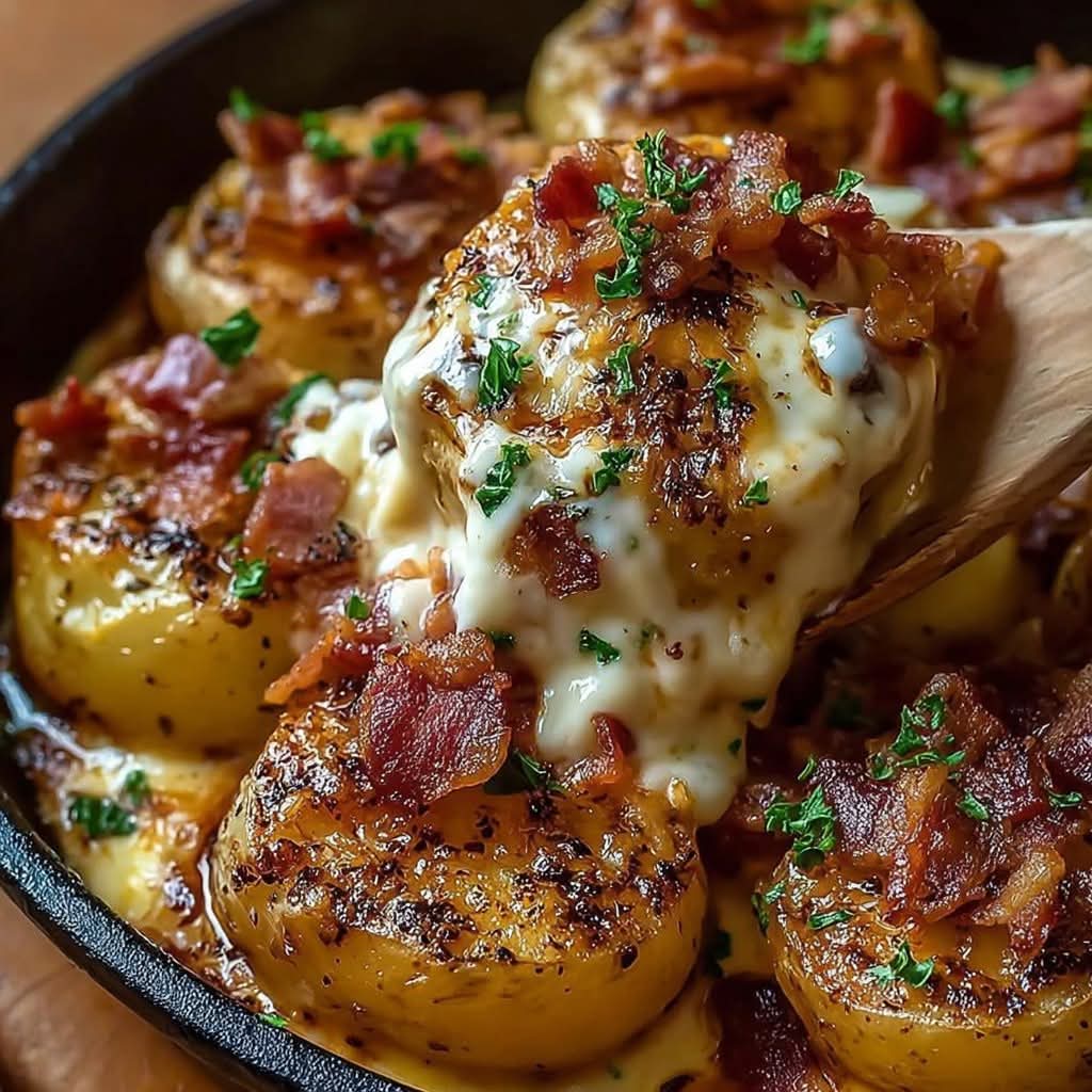 Creamy Garlic Parmesan Roasted Potatoes with Crispy Bacon