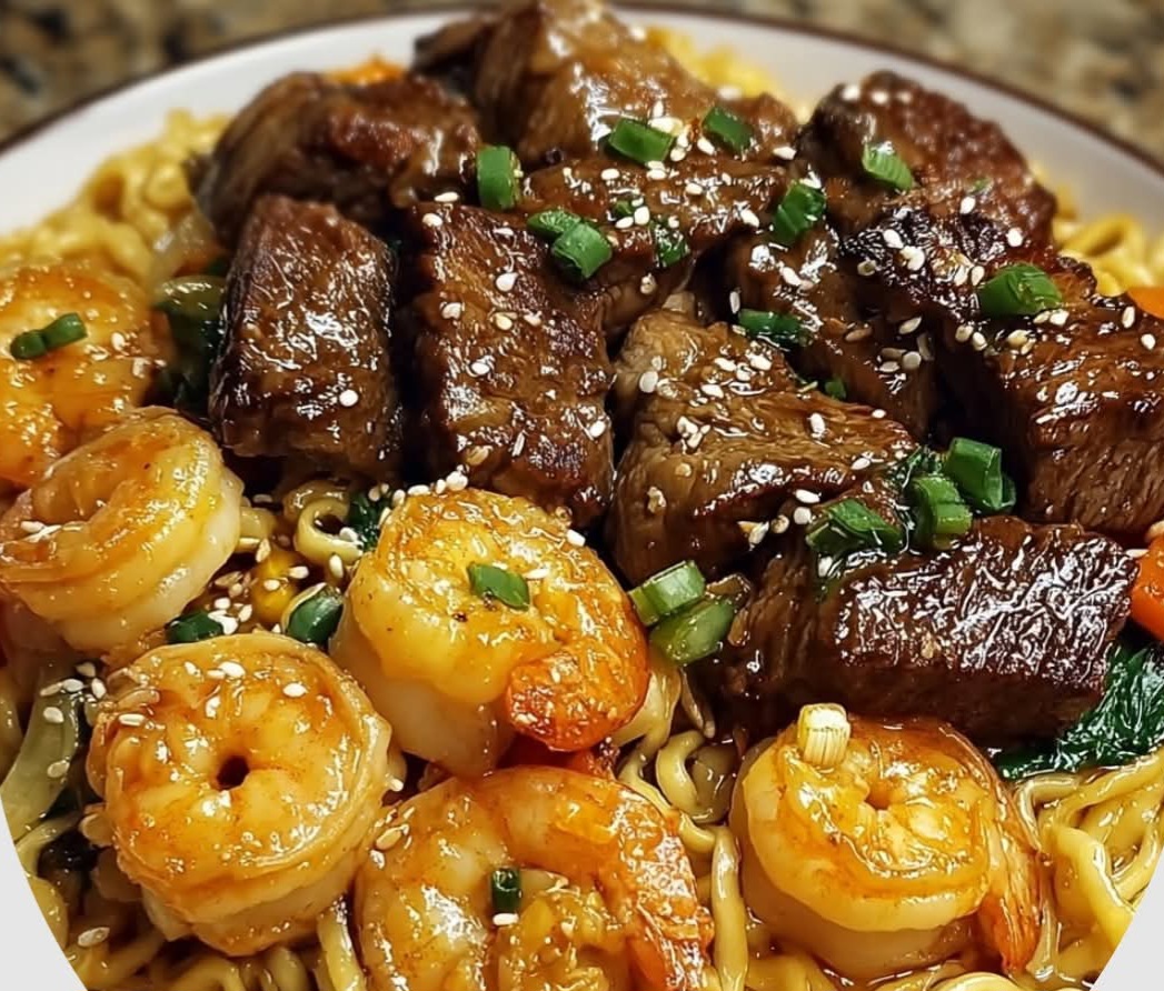 Garlic Butter Steak and Shrimp Stir-Fried Noodles