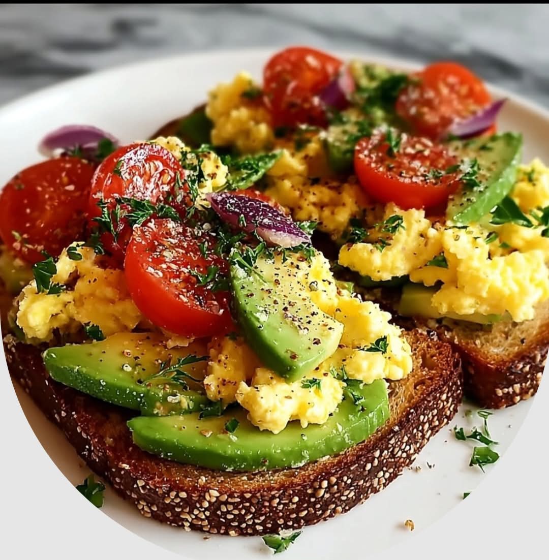 Avocado Toast with Scrambled Eggs and Veggies