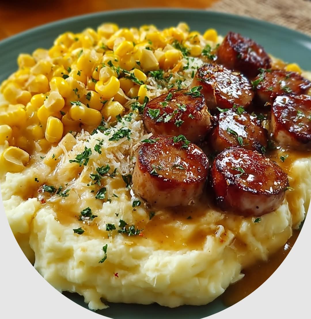 Sausages, Mashed Potatoes, and Buttered Corn