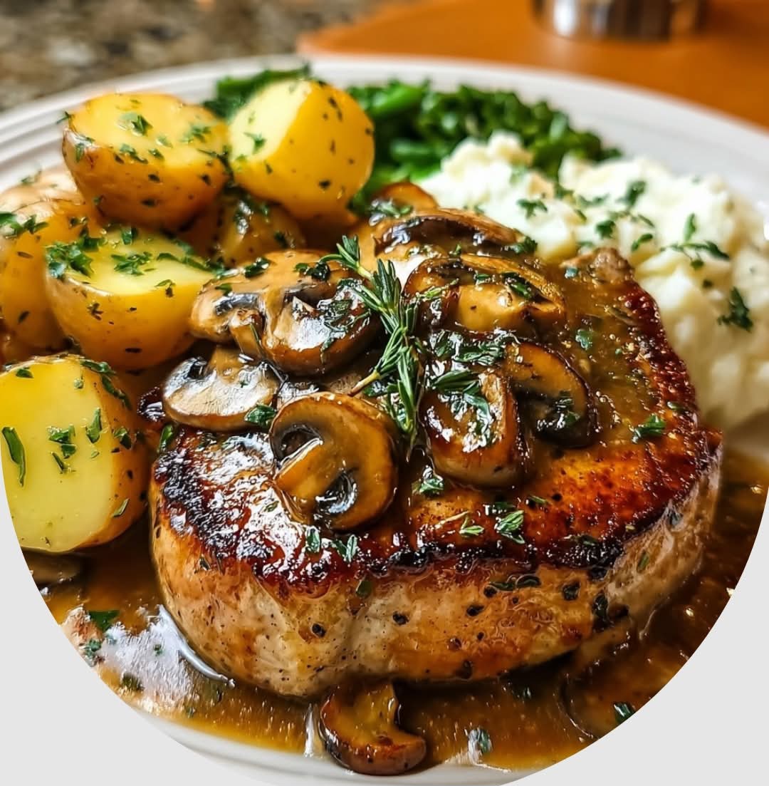 Smothered Pork Chops with Mushrooms and Herb Potatoes